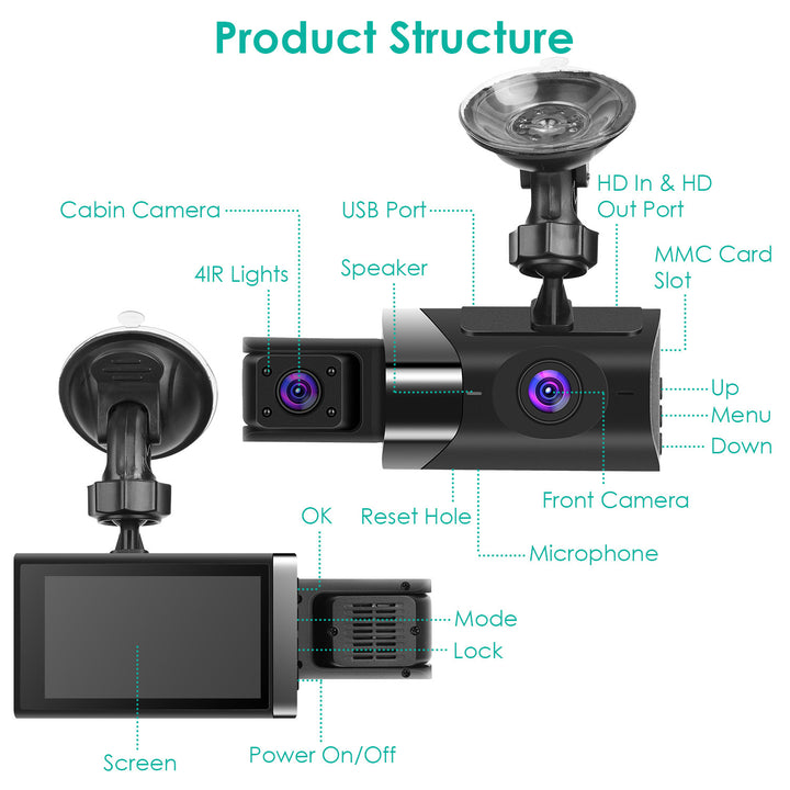 2K Car DVR 3 Channel Dash Cam Camcorder Camera Recorder with 140 Angle GPS WiFi Night Vision G-sensor Loop Recording Image 10