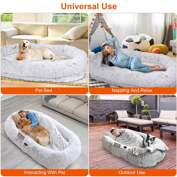 Human Size Dog Bed with Pillow Blanket 72.83x47.24x11.81in Bean Bag Bed Washable Removable Flurry Plush Cover Image 7