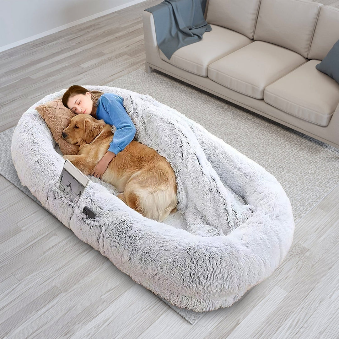 Human Size Dog Bed with Pillow Blanket 72.83x47.24x11.81in Bean Bag Bed Washable Removable Flurry Plush Cover Image 8