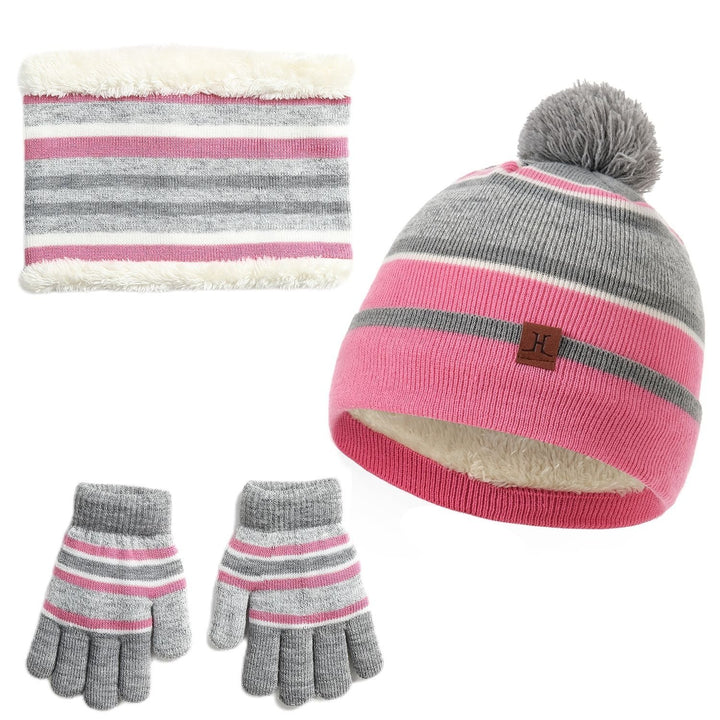 Kids Winter Knitted Hat Scarf Gloves Set 3Pcs Warm Beanie Mittens 4-7 Years Image 1