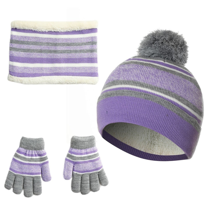 Kids Winter Knitted Hat Scarf Gloves Set 3Pcs Warm Beanie Mittens 4-7 Years Image 1