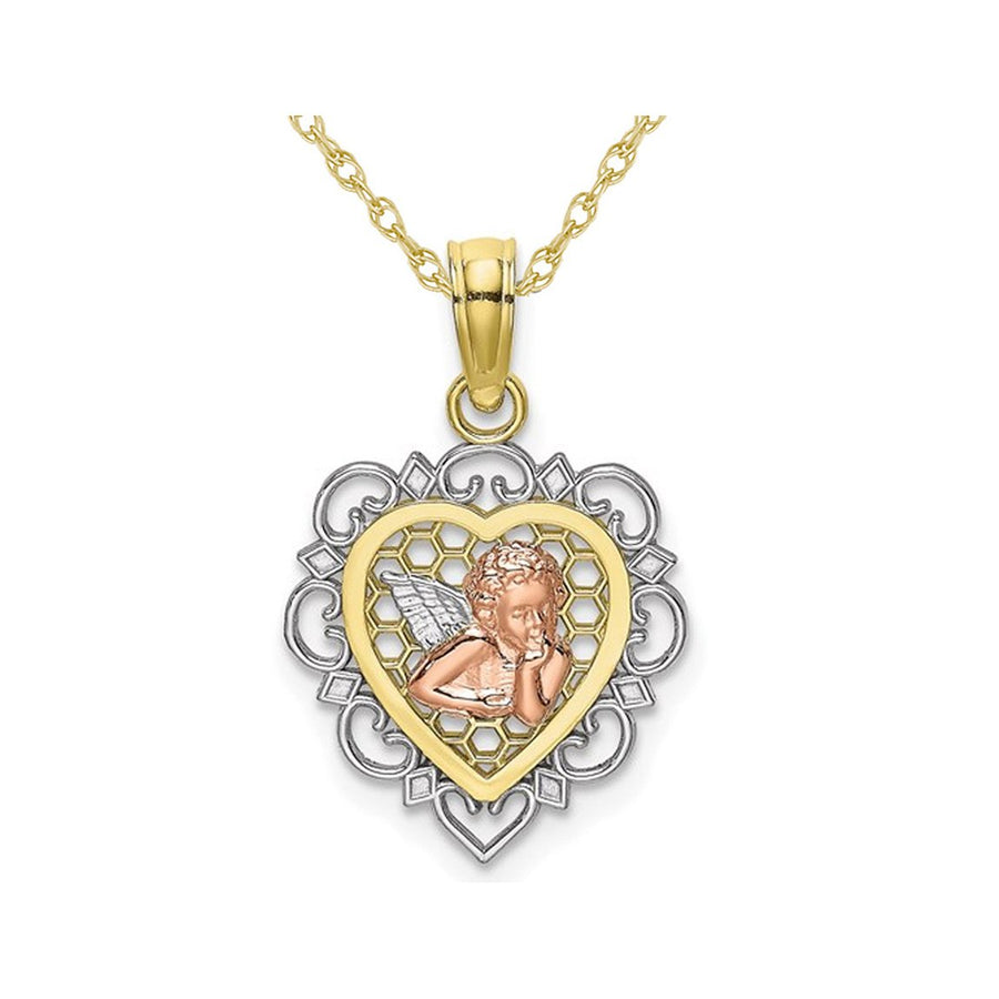 10K Tri-Color Gold Angel Heart Pendant Necklace with Chain Image 1