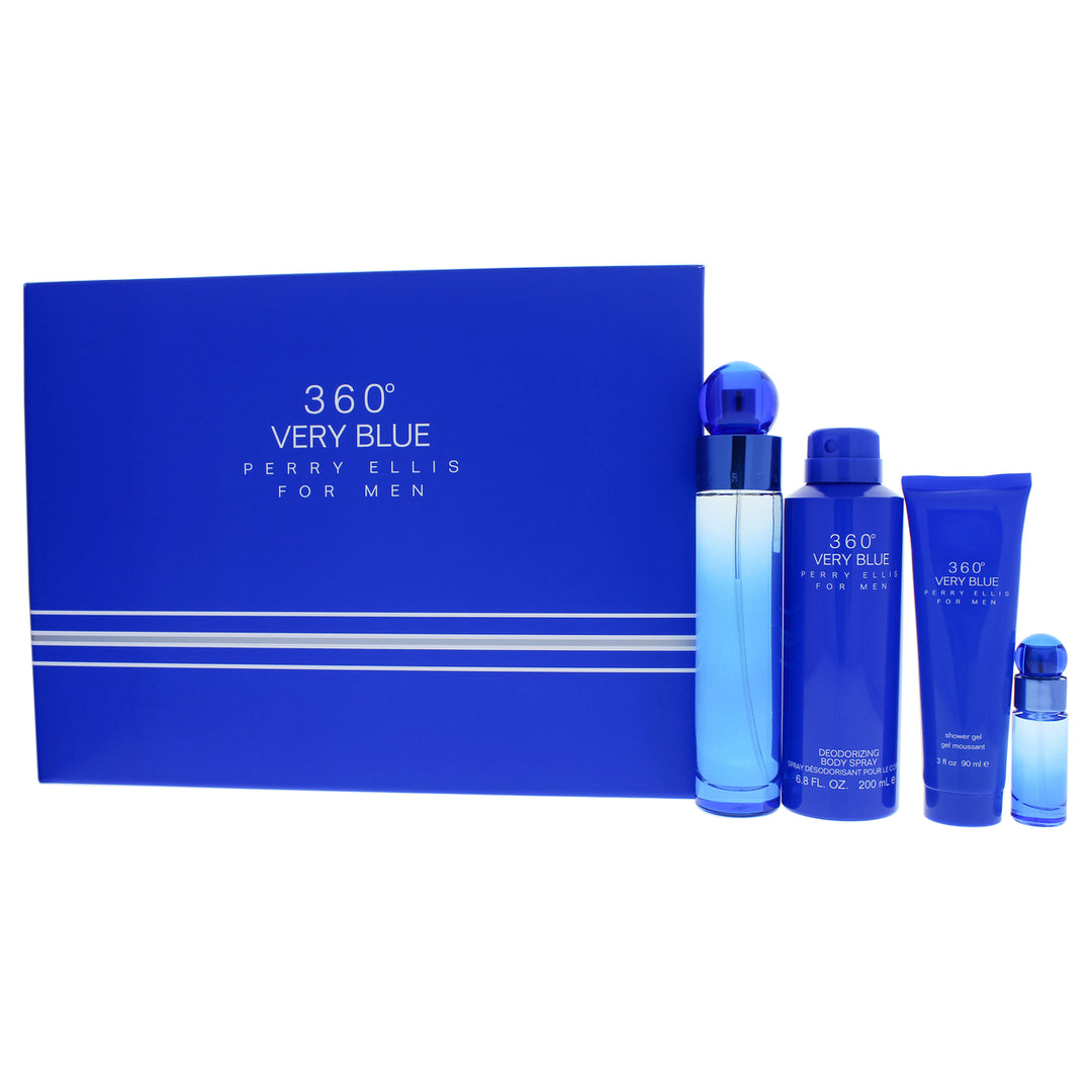 Perry Ellis 360 Very Blue 3.4oz EDT Spray 7.5ml EDT Spray 6.8oz Body Spray 3oz Shower Gel 4 Pc Gift Set Image 1