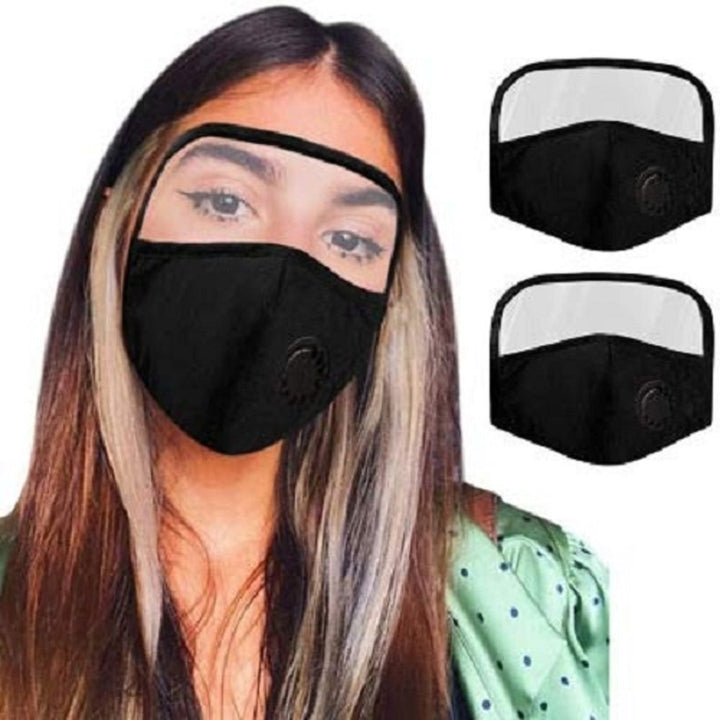 2 Pack Cotton Face Masks with Eye Shield Breathing Valve 4 Filters Washable Black Image 1