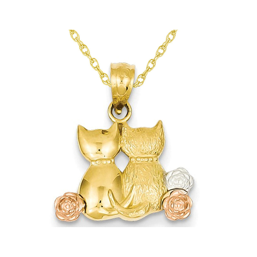 14K Yellow Gold Two Cats Pendant Necklace with Chain Image 1