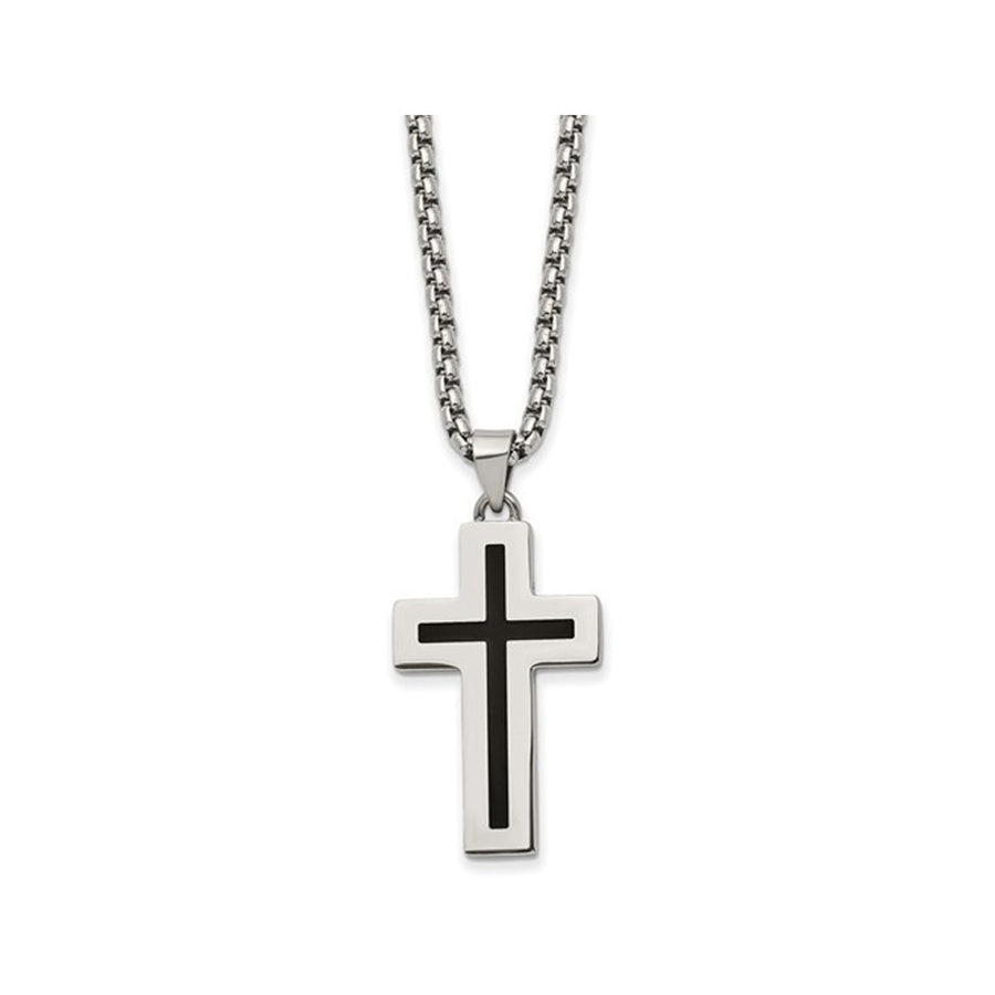 Mens Stainless Steel Black Enamel Cross Pendant Necklace with Chain (24 Inches) Image 1