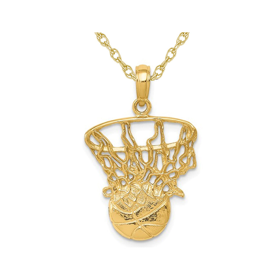 14K Yellow Gold Basketball in Hoop Pendant Necklace with Chain Image 1