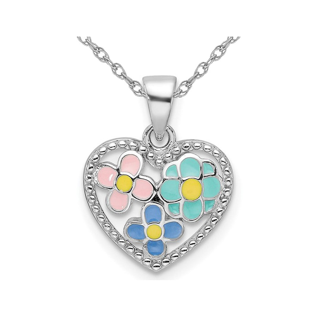 Sterling Silver Heart Colored Flower Pendant Necklace with Chain Image 1