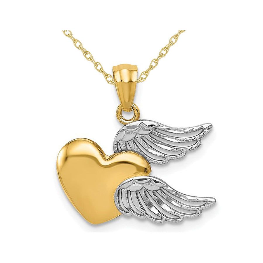 14K Yellow and White Gold Heart with Wings Pendant Necklace with Chain Image 1