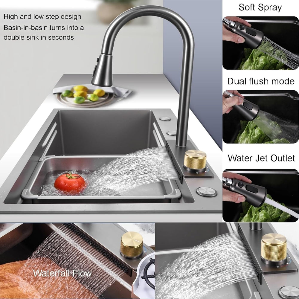 Bronstarz 31.5 INCH Nano Gunmetal Gray Flying Rain Stainless Steel Watefall Kitchen Sink Single Bowl w Pull Down Faucet Image 2