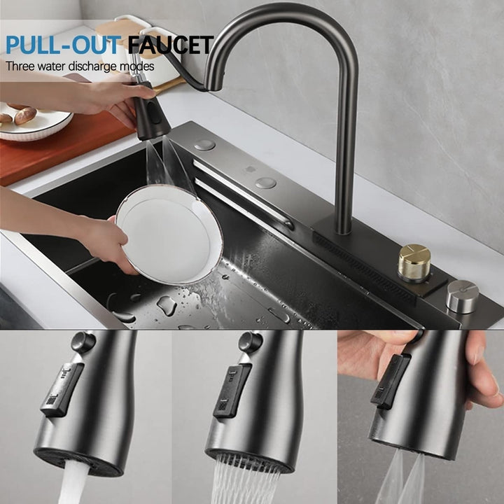 Bronstarz 31.5 INCH Nano Gunmetal Gray Flying Rain Stainless Steel Watefall Kitchen Sink Single Bowl w Pull Down Faucet Image 6