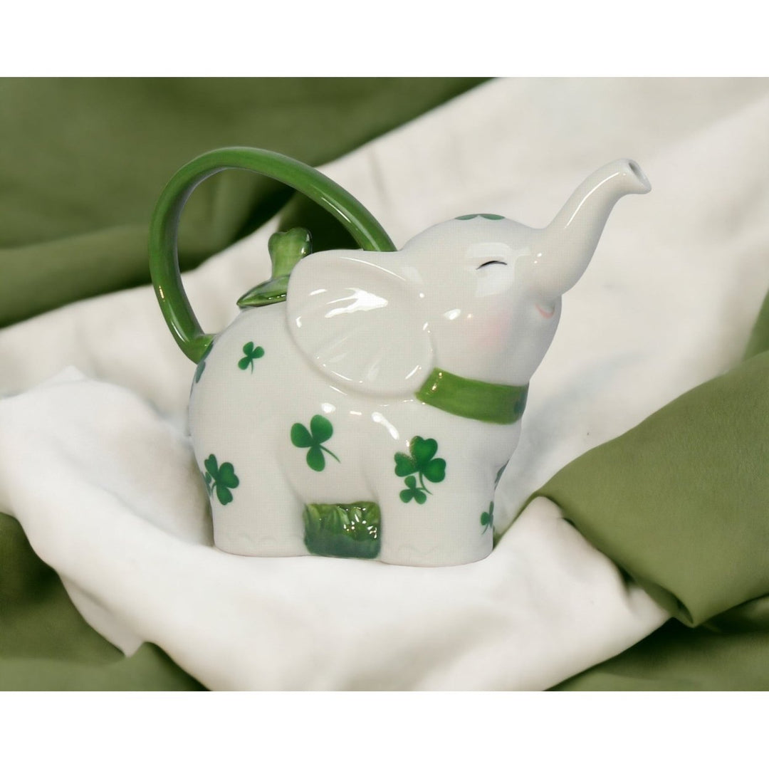 Ceramic Elephant Teapot Shamrock Design 7.25in Saint Patricks Day Gift Decor Image 1