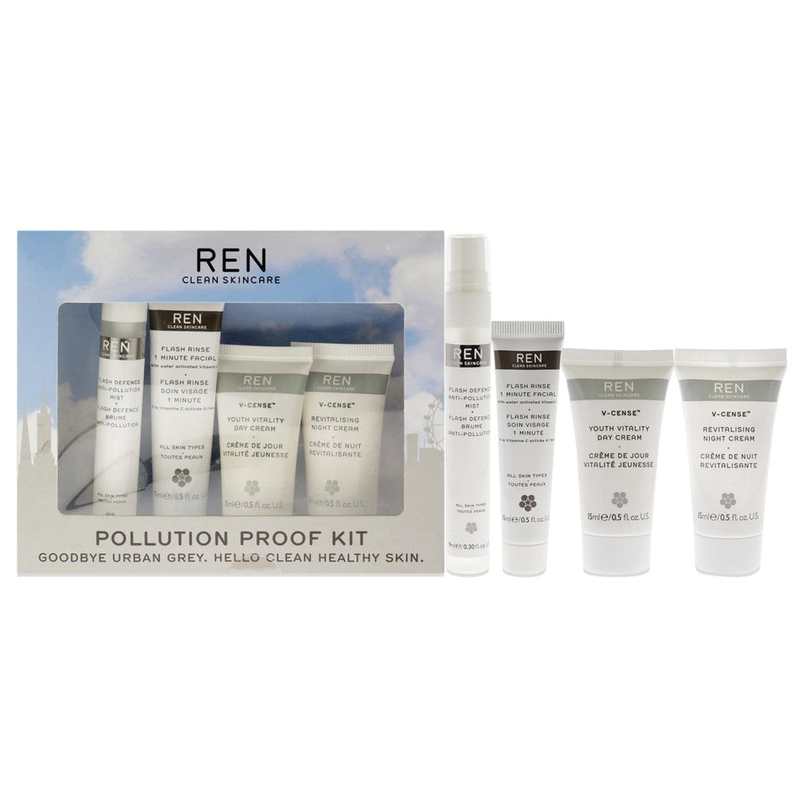 Pollution Proof Kit by REN for Unisex - 4 Pc Kit 0.5oz Flash Rinse 1 Minute Facial0.5oz V-Cense Youth Vitality Day Image 1