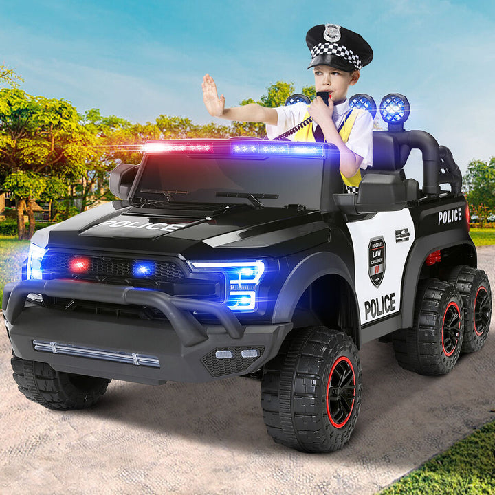 Electric 12V Battery Kids Ride On Police Car 6 Wheel Truck w/ RC LED Intercom Image 1