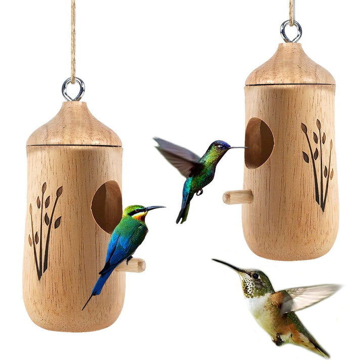 2 Packs Humming Bird Houses for Outside Wooden Hanging Bird Nest Feeder Hand Patio Garden Craft Ornament Decoration Image 1