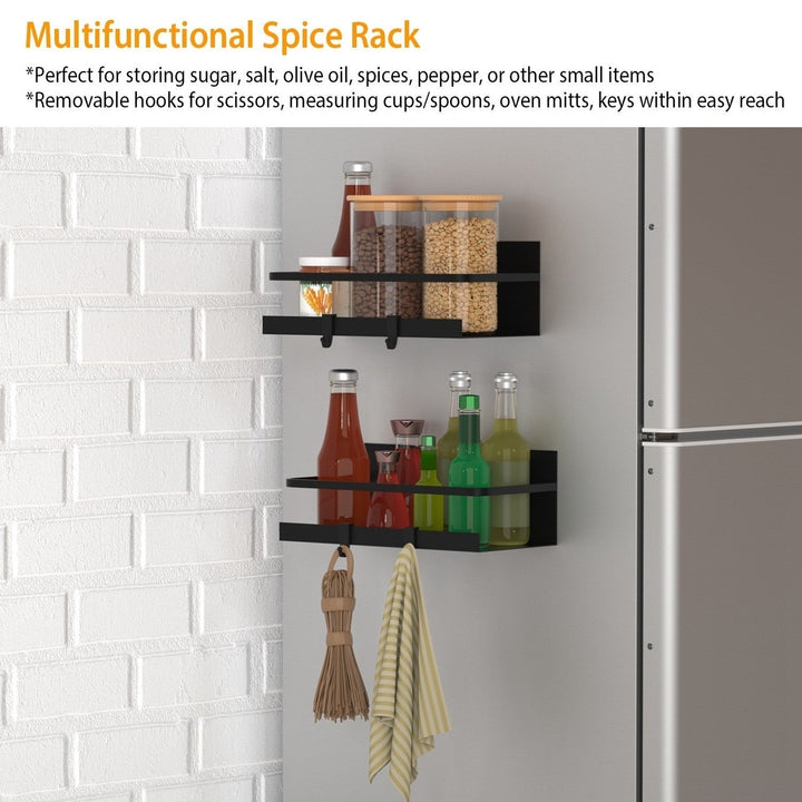 2 Packs Magnetic Spice Holder Rack Organizer Strong Magnetic Seasoning Storage Shelf with 4 Removable Hooks for Image 4