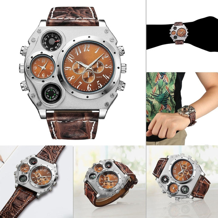 Mens Quartz Watch Two Time Zone Big Face Military Style Compass Thermometer Decorative Dial PU Leather Strap Image 4