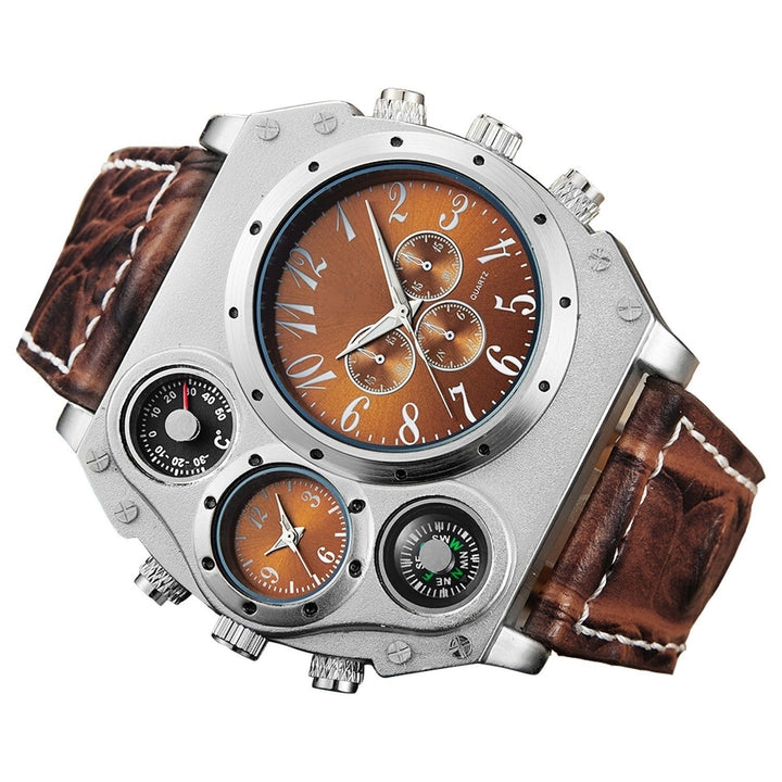 Mens Quartz Watch Two Time Zone Big Face Military Style Compass Thermometer Decorative Dial PU Leather Strap Image 7