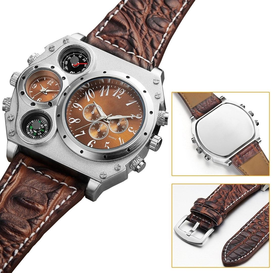 Mens Quartz Watch Two Time Zone Big Face Military Style Compass Thermometer Decorative Dial PU Leather Strap Image 10