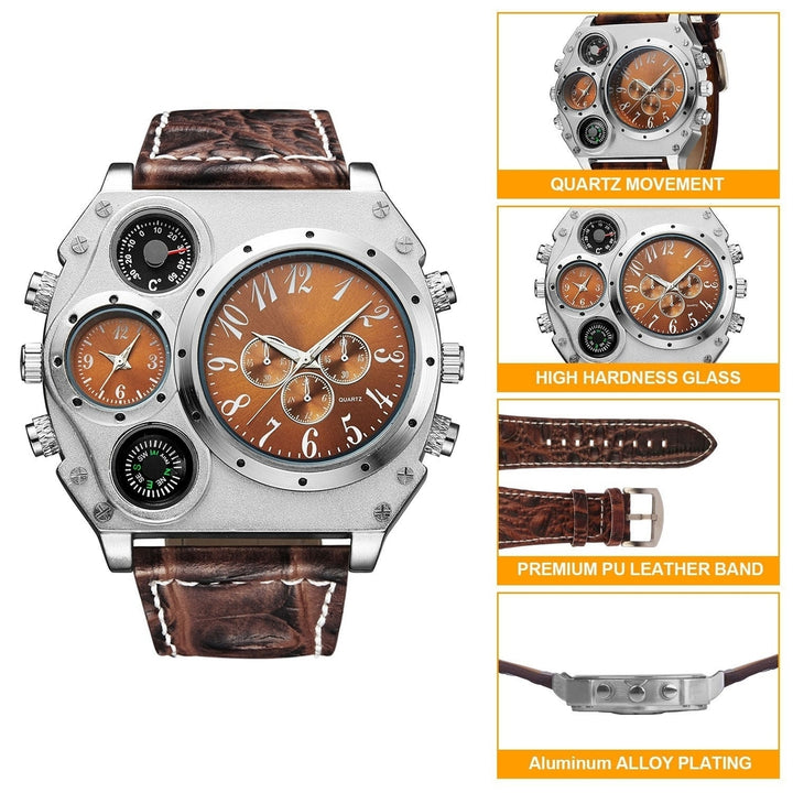 Mens Quartz Watch Two Time Zone Big Face Military Style Compass Thermometer Decorative Dial PU Leather Strap Image 12