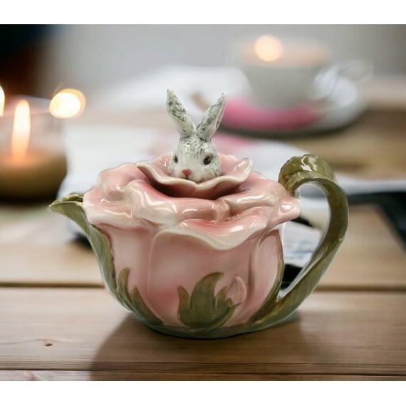 Ceramic Bunny Rabbit Rose Teapot 12oz  Mom Image 1