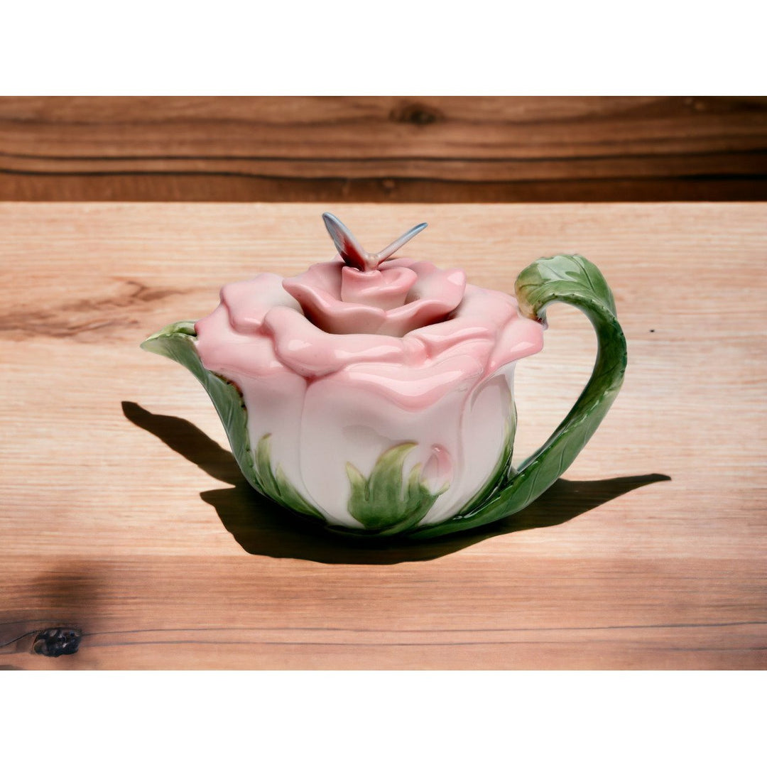 Victorian Pink Rose Teapot Ceramic 12oz Butterfly Tea Party Image 2