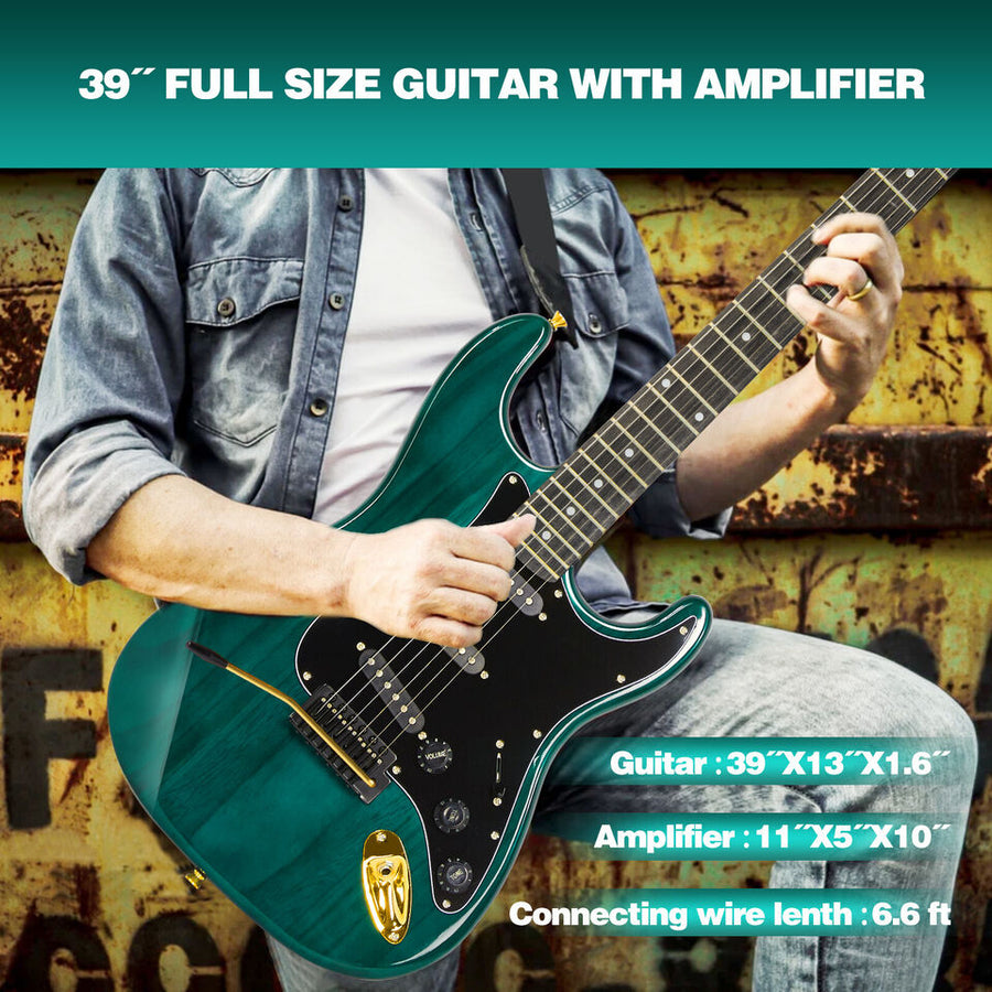 MUSTAR Ripple Green 39"Full Size Electric Guitar 6String w/25W AMP Bag Accessories Pack Beginner Kit Image 1