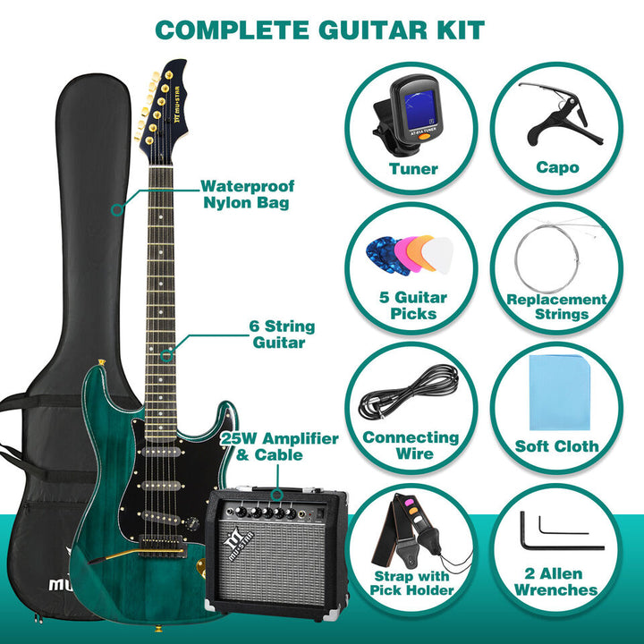 MUSTAR Ripple Green 39"Full Size Electric Guitar 6String w/25W AMP Bag Accessories Pack Beginner Kit Image 3