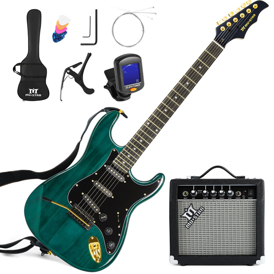 MUSTAR Ripple Green 39"Full Size Electric Guitar 6String w/25W AMP Bag Accessories Pack Beginner Kit Image 4