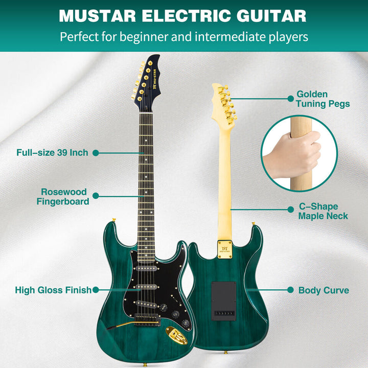 MUSTAR Ripple Green 39"Full Size Electric Guitar 6String w/25W AMP Bag Accessories Pack Beginner Kit Image 6