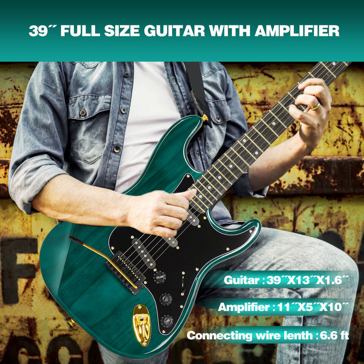 MUSTAR Ripple Green 39"Full Size Electric Guitar 6String w/25W AMP Bag Accessories Pack Beginner Kit Image 12