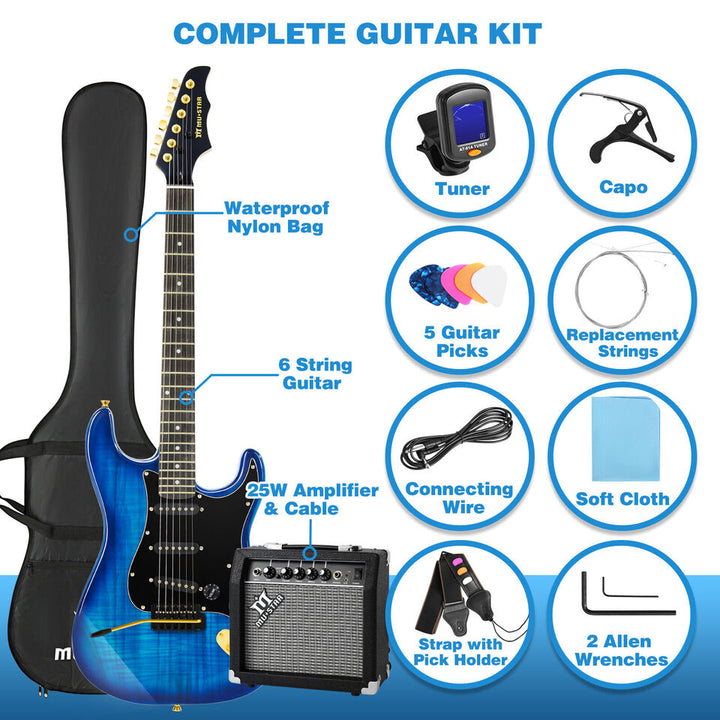 MUSTAR Tiger Stripes Blue 39"Full Size Electric Guitar 6String w/25W AMP Bag Accessories Pack Beginner Kit Image 2