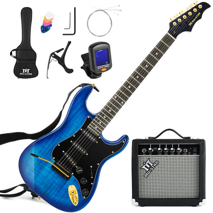 MUSTAR Tiger Stripes Blue 39"Full Size Electric Guitar 6String w/25W AMP Bag Accessories Pack Beginner Kit Image 3