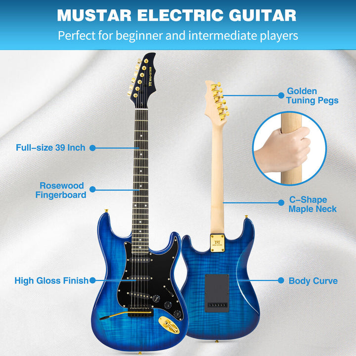 MUSTAR Tiger Stripes Blue 39"Full Size Electric Guitar 6String w/25W AMP Bag Accessories Pack Beginner Kit Image 4