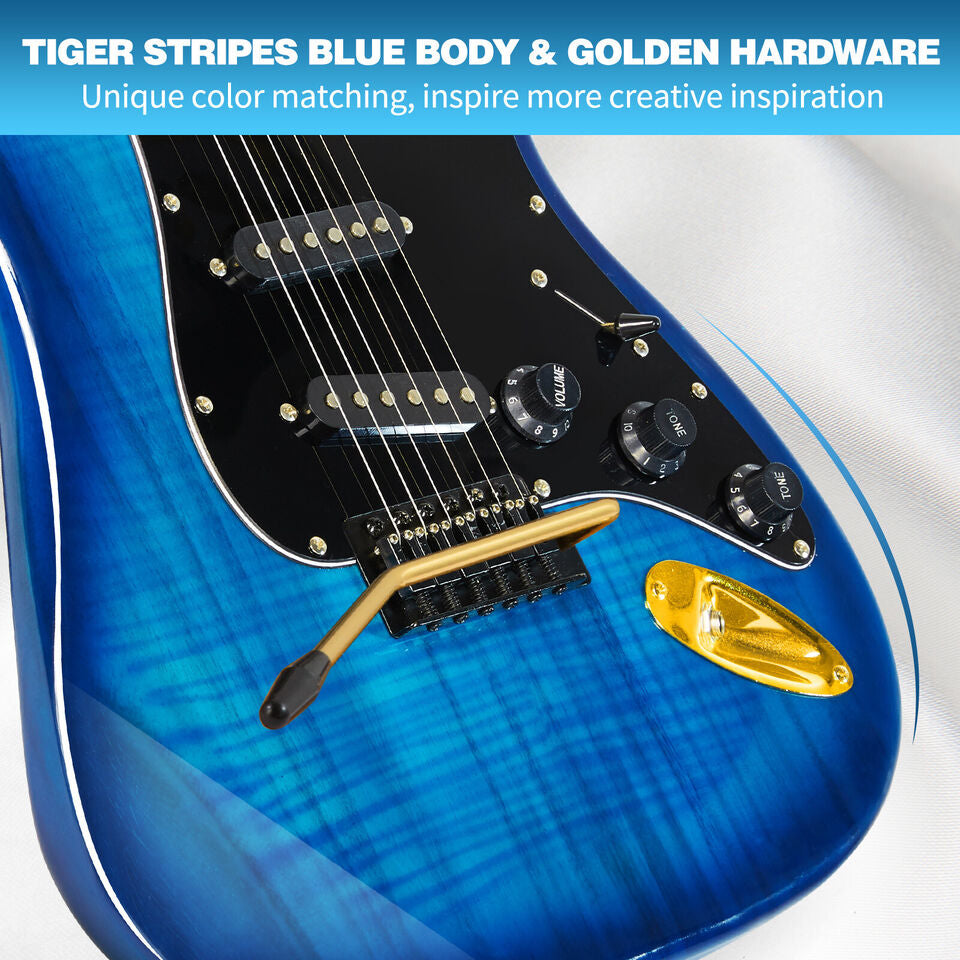 MUSTAR Tiger Stripes Blue 39"Full Size Electric Guitar 6String w/25W AMP Bag Accessories Pack Beginner Kit Image 6