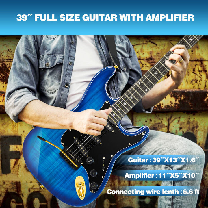 MUSTAR Tiger Stripes Blue 39"Full Size Electric Guitar 6String w/25W AMP Bag Accessories Pack Beginner Kit Image 7