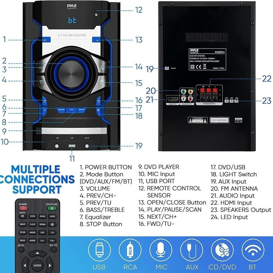 PyleUSA Wireless Bluetooth Stereo System 800w CD and DVD Player Home Audio Theater HD Mic and AUX Input MP3 USB FM Radio Image 4