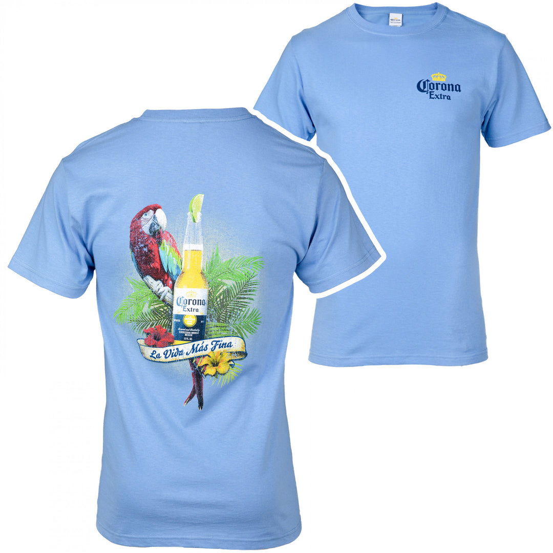 Corona Extra Parrot La Vida Mas Fina Blue Front and Back T-Shirt Image 1