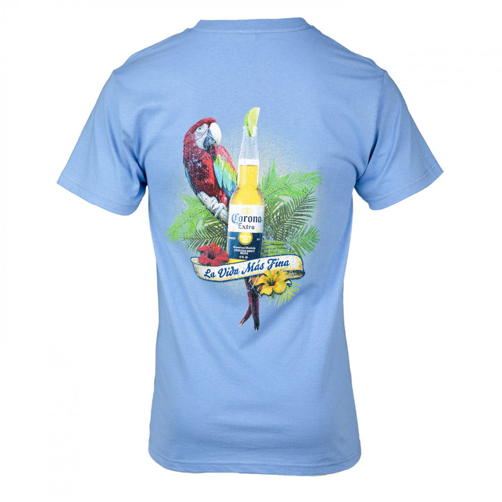 Corona Extra Parrot La Vida Mas Fina Blue Front and Back T-Shirt Image 3