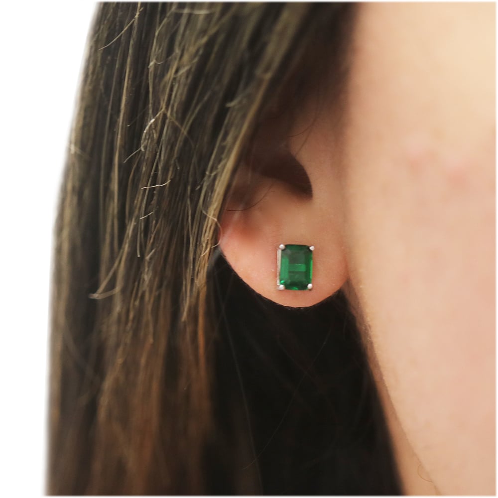 925 Sterling Silver Emerald Cut Emerald Stud Earrings 7x5MM Green Gemstone Image 3