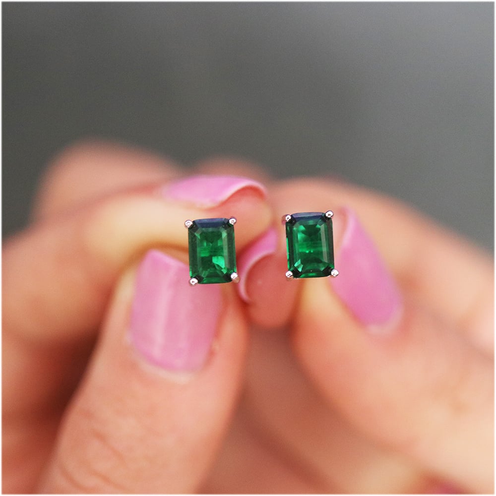 925 Sterling Silver Emerald Cut Emerald Stud Earrings 7x5MM Green Gemstone Image 4