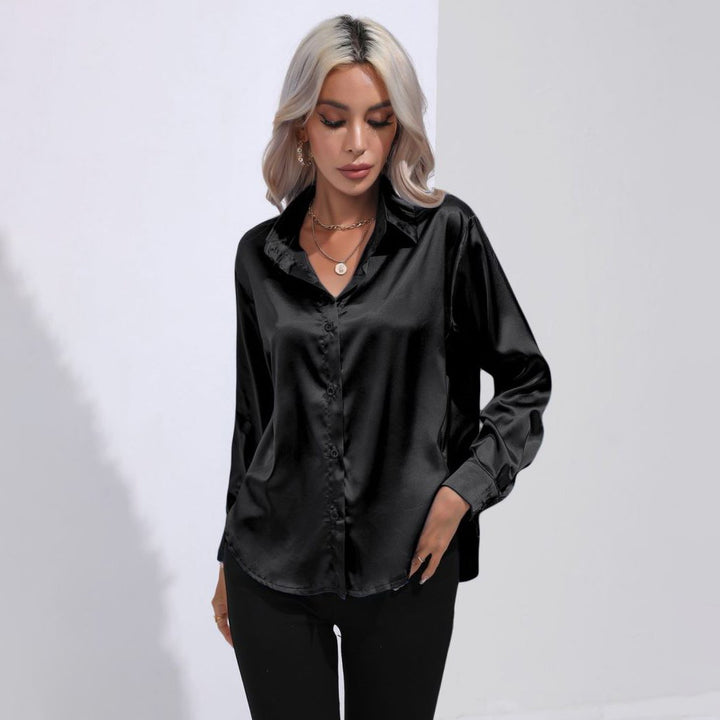 Solid Smoothly Shirt Elegant Button Front Turn Down Collar Long Sleeve Shirt Womens Clothing Image 1