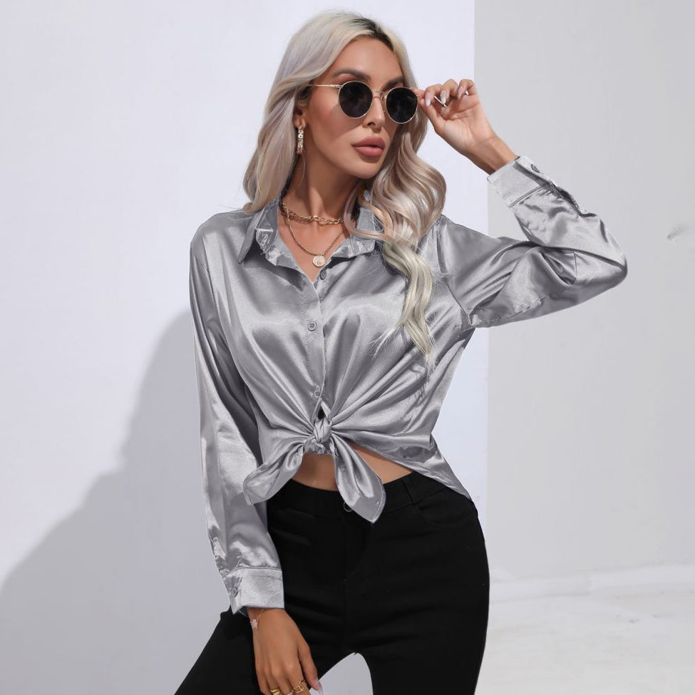 Solid Smoothly Shirt Elegant Button Front Turn Down Collar Long Sleeve Shirt Womens Clothing Image 7