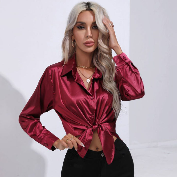 Solid Smoothly Shirt Elegant Button Front Turn Down Collar Long Sleeve Shirt Womens Clothing Image 8