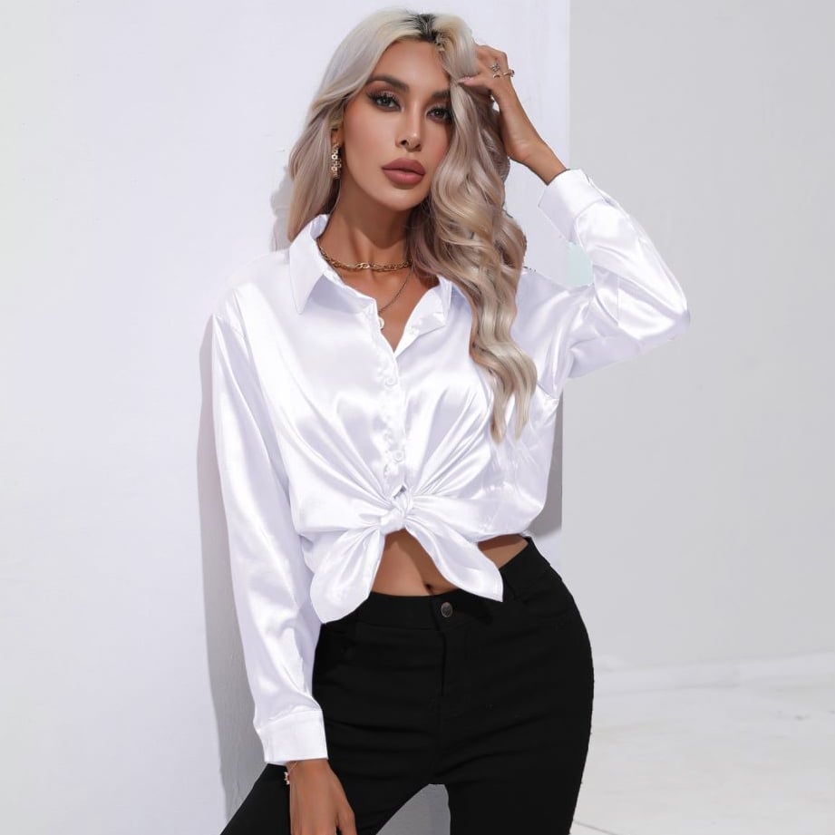 Solid Smoothly Shirt Elegant Button Front Turn Down Collar Long Sleeve Shirt Womens Clothing Image 1