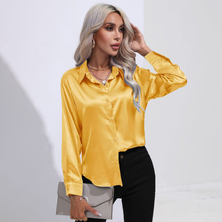 Solid Smoothly Shirt Elegant Button Front Turn Down Collar Long Sleeve Shirt Womens Clothing Image 9