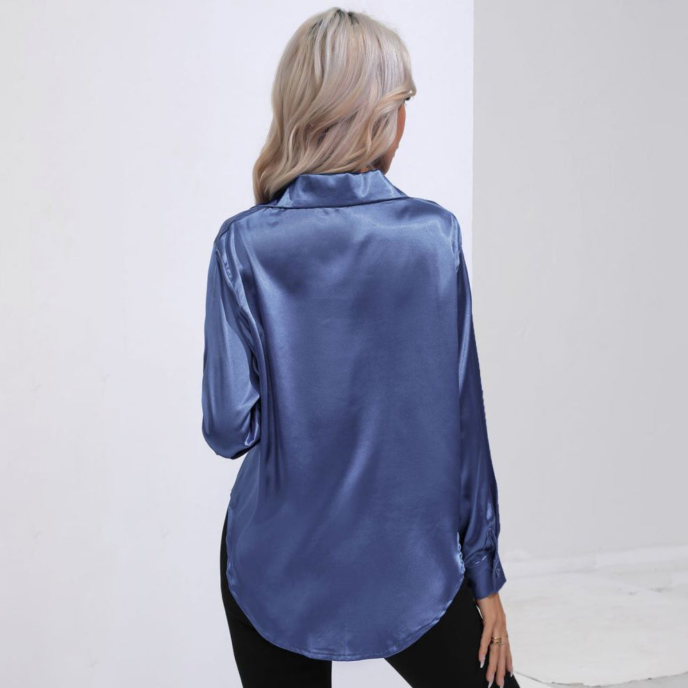 Solid Smoothly Shirt Elegant Button Front Turn Down Collar Long Sleeve Shirt Womens Clothing Image 10