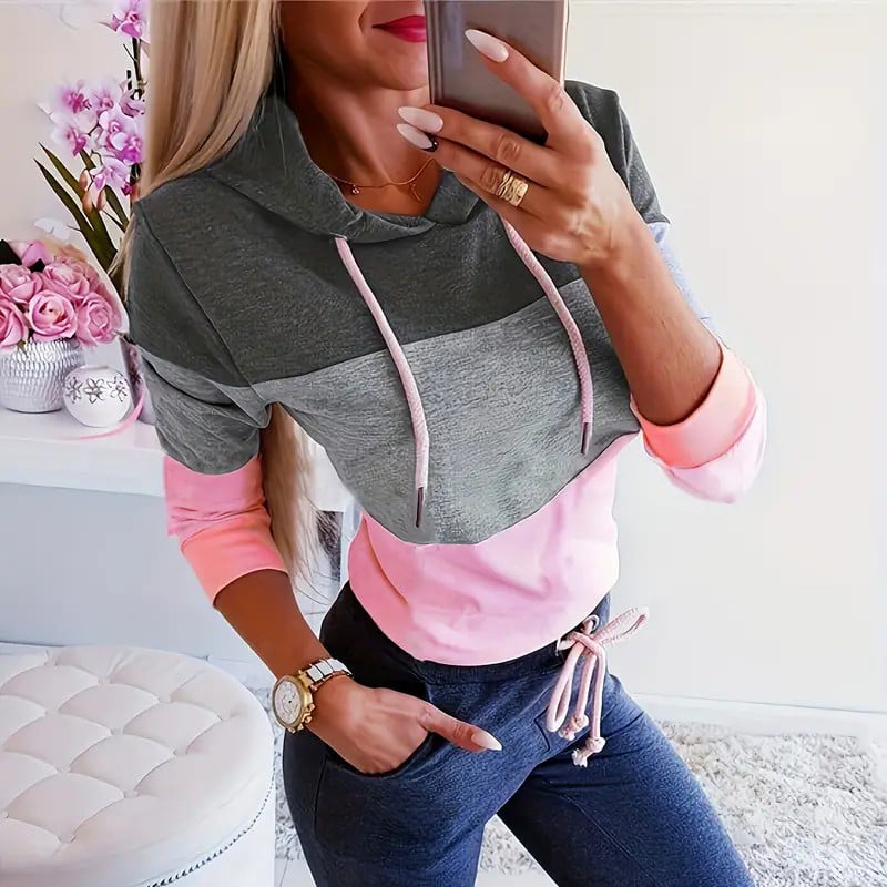 Womens Color Block Hoodie Long Sleeve Drawstring Thermal Hoodies Sweatshirt Womens Clothing Image 1