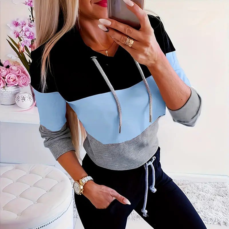 Womens Color Block Hoodie Long Sleeve Drawstring Thermal Hoodies Sweatshirt Womens Clothing Image 1