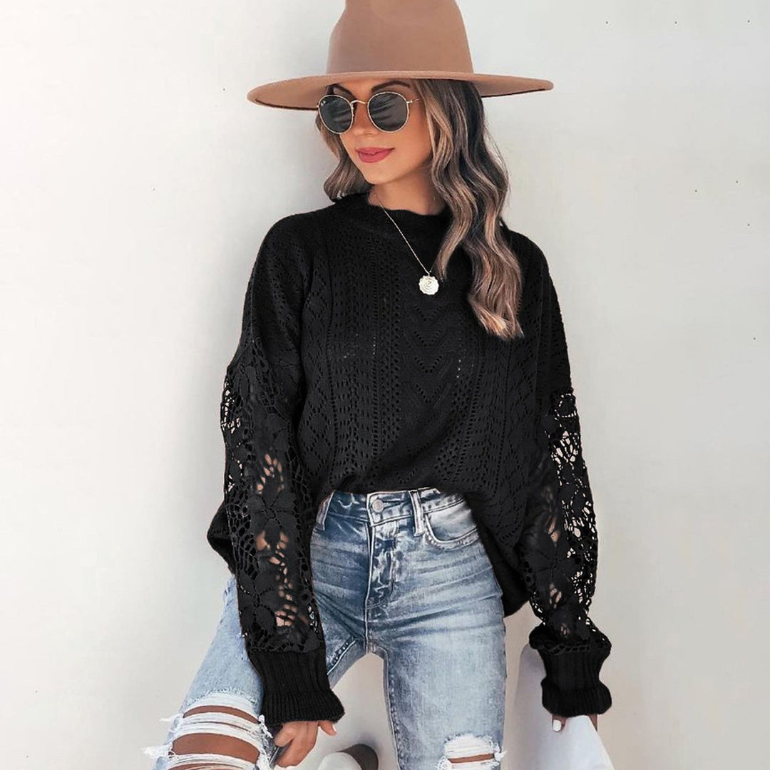 Lace Eyelet Knit Sweater Casual Crew Neck Long Sleeve Sweater Womens Clothing Image 1